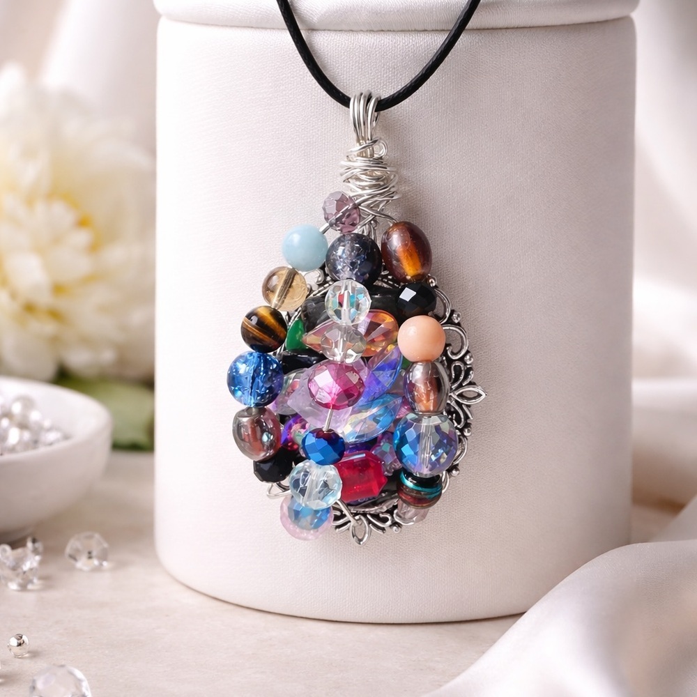 RUBYRUDI OOAK Crystal Glass Pendant Necklace | Cluster Artisan Art Jewelry 0830
